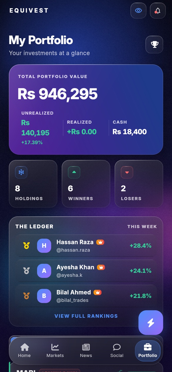 Equivest portfolio screen with total value and holdings